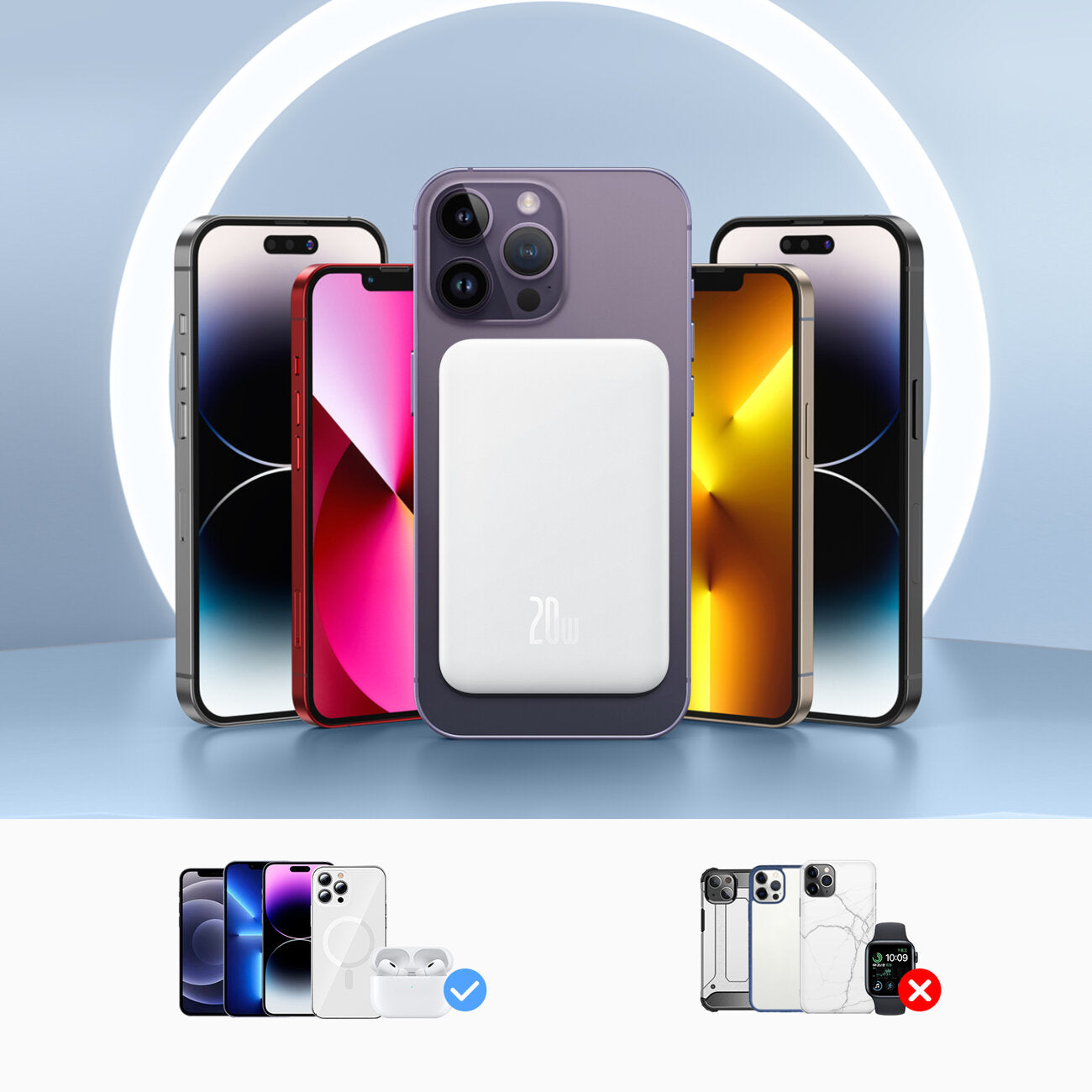 Baseus Magnetic Mini Wireless Eksternt trådløst batteri, 5000mAh, 20W, PD + FQI, 1 x QI - 1 x USB-C, Hvit P100221072222223-00 