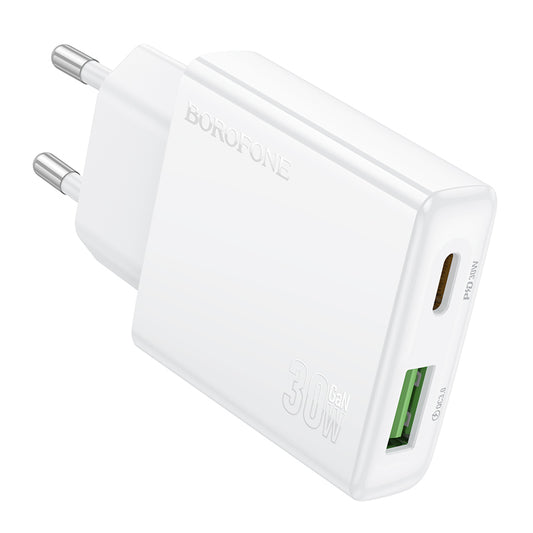 Nettverkslader Borofone BN25 Wish, 30W, 3A, 1 x USB-A - 1 x USB-C, hvit 