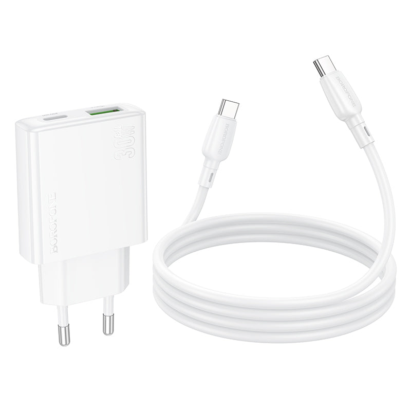 Nettverkslader med USB-C-kabel Borofone BN25 Wish, 30W, 3A, 1 x USB-A - 1 x USB-C, hvit 