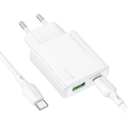 Nettverkslader med USB-C-kabel Borofone BN25 Wish, 30W, 3A, 1 x USB-A - 1 x USB-C, hvit 