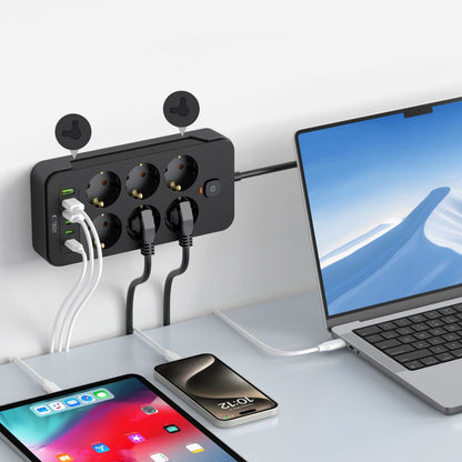 Skjøteledning Tech-Protect PC6X6, 15,5W, 3,1A, 3 x USB-A - 3 x USB-C - 6 x Schuko, svart 