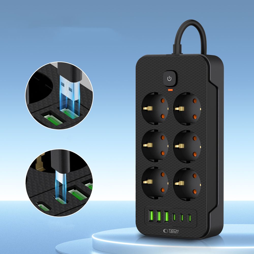 Skjøteledning Tech-Protect PC6X6, 15,5W, 3,1A, 3 x USB-A - 3 x USB-C - 6 x Schuko, svart 