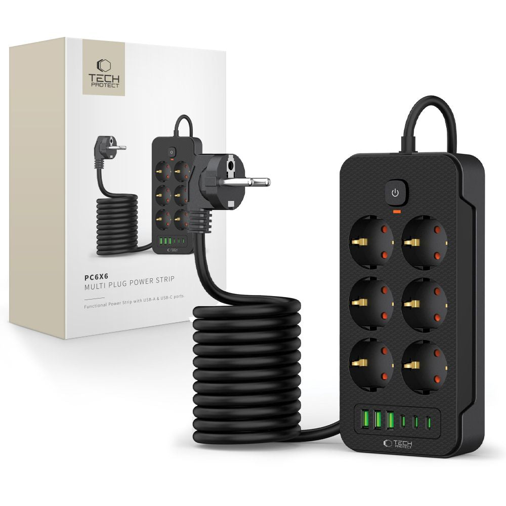 Skjøteledning Tech-Protect PC6X6, 15,5W, 3,1A, 3 x USB-A - 3 x USB-C - 6 x Schuko, svart 